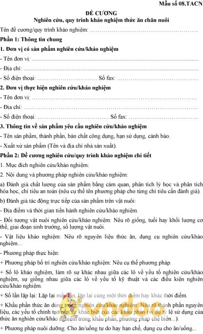 Mẫu số 08.TACN: Đề cương nghiên cứu, quy trình khảo nghiệm thức ăn chăn nuôi