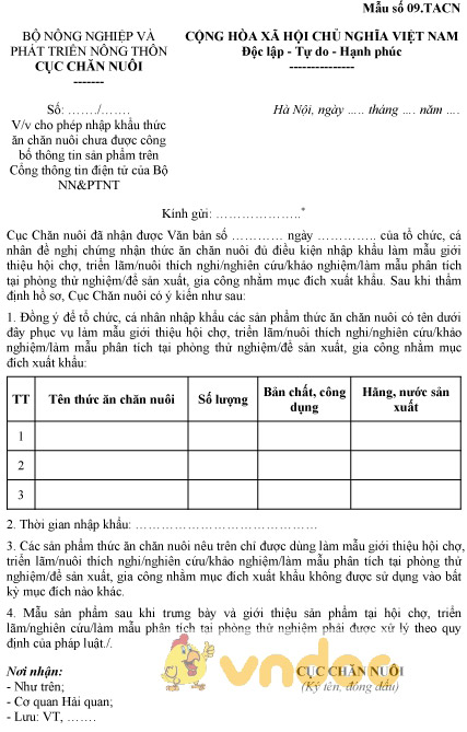 Mẫu số 09.TACN: Giấy phép nhập khẩu thức ăn chăn nuôi chưa được công bố thông tin