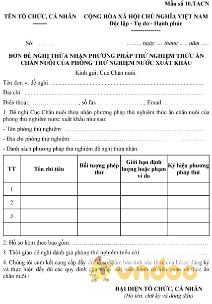 Mẫu số 10.TACN: Đơn đề nghị thừa nhận phương pháp thử nghiệm thức ăn chăn nuôi