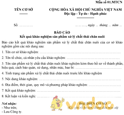 Mẫu số 01.MTCN: Báo cáo kết quả khảo nghiệm sản phẩm xử lý chất thải chăn nuôi
