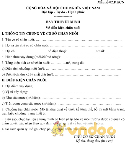 Mẫu số 02.ĐKCN: Bản thuyết minh về điều kiện chăn nuôi