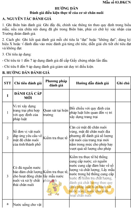 Mẫu số 03.ĐKCN: Hướng dẫn đánh giá điều kiện thực tế của cơ sở chăn nuôi