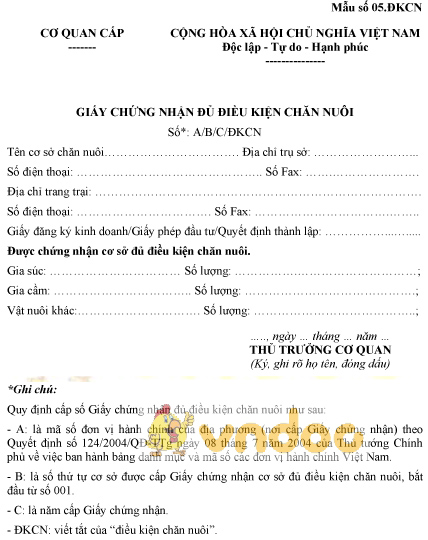 Mẫu số 05.ĐKCN: Giấy chứng nhận đủ điều kiện chăn nuôi