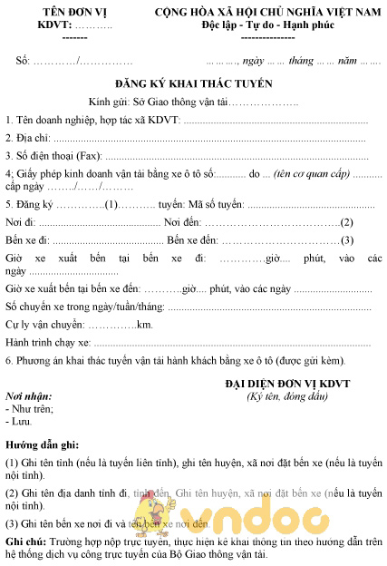 Mẫu đăng ký khai thác tuyến