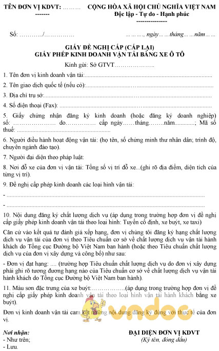 Mẫu giấy đề nghị cấp, cấp lại giấy phép kinh doanh vận tải bằng xe ô tô