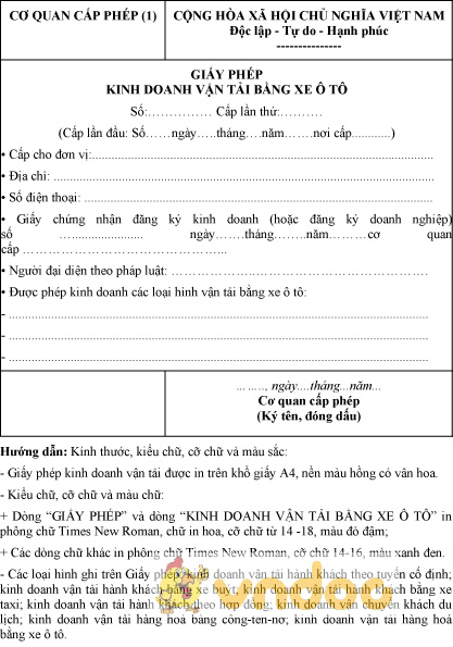 Mẫu giấy phép kinh doanh vận tải bằng xe ô tô