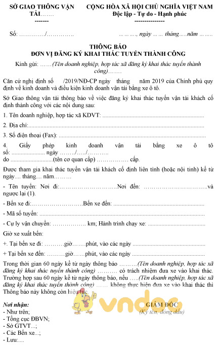 Mẫu thông báo đơn vị đăng ký khai thác tuyến thành công