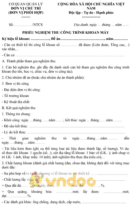 Mẫu phiếu nghiệm thu công trình khoan máy (nghiệm thu cấp cơ sở)