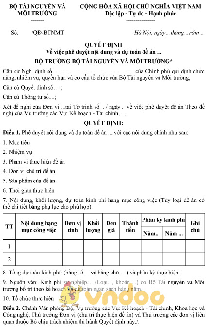 Mẫu quyết định phê duyệt đề án