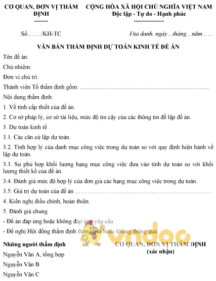Mẫu văn bản thẩm định dự toán kinh tế đề án
