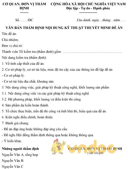 Mẫu văn bản thẩm định nội dung kỹ thuật thuyết minh đề án