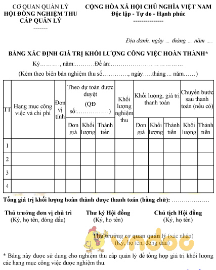 Mẫu bảng xác định giá trị, khối lượng nghiệm thu (kèm theo biên bản nghiệm thu cấp quản lý)