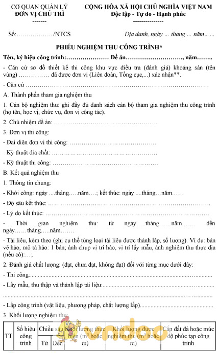 Mẫu phiếu nghiệm thu công trình khai đào, khoan tay (nghiệm thu cấp cơ sở)