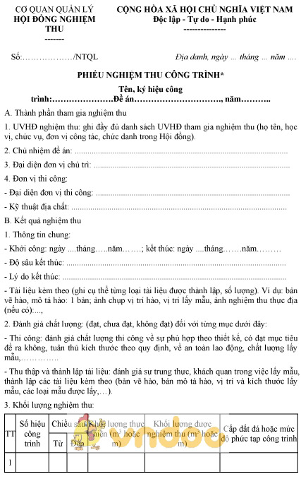 Mẫu phiếu nghiệm thu công trình khai đào (nghiệm thu cấp quản lý)