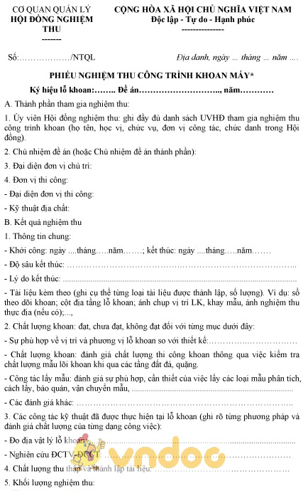 Mẫu phiếu nghiệm thu công trình khoan máy (nghiệm thu cấp quản lý)