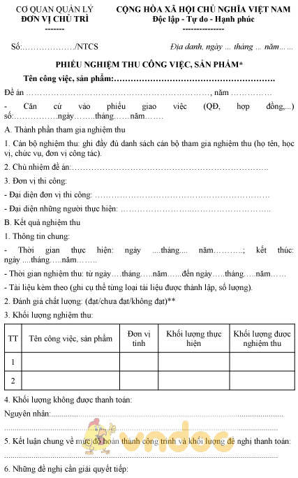 Mẫu phiếu nghiệm thu công việc, sản phẩm (nghiệm thu cấp cơ sở)