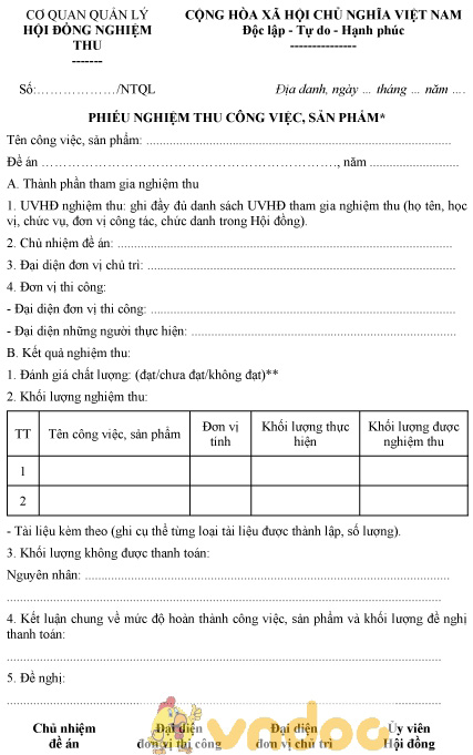 Mẫu phiếu nghiệm thu công việc, sản phẩm (nghiệm thu cấp quản lý)