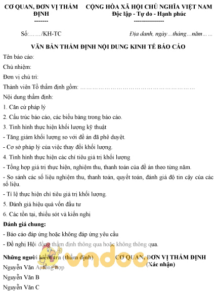 Mẫu văn bản thẩm định nội dung báo cáo kinh tế