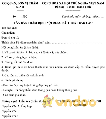 Mẫu văn bản thẩm định nội dung kỹ thuật báo cáo