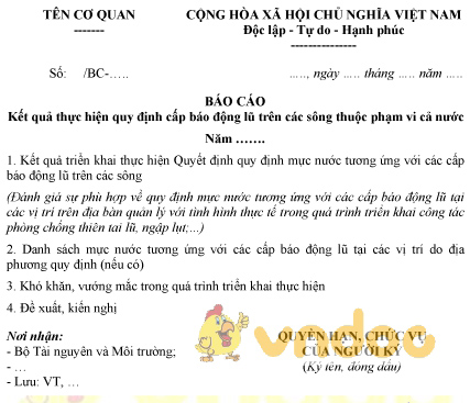 Mẫu báo cáo kết quả thực hiện quy định cấp báo động lũ trên các sông