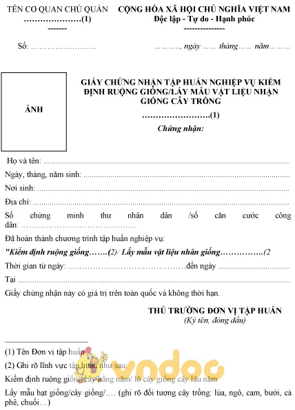 Mẫu giấy chứng nhận tập huấn nghiệp vụ kiểm định ruộng giống