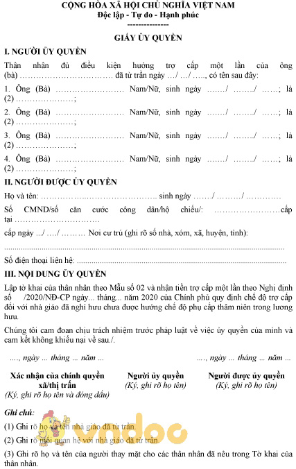 Mẫu giấy ủy quyền dành cho giáo viên