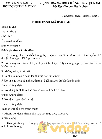 Mẫu phiếu đánh giá báo cáo
