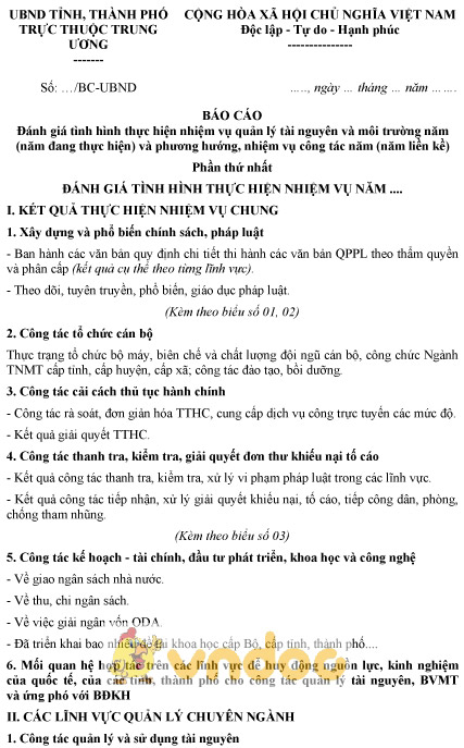 Mẫu báo cáo đánh giá tình hình thực hiện nhiệm vụ quản lý tài nguyên và môi trường năm của tỉnh
