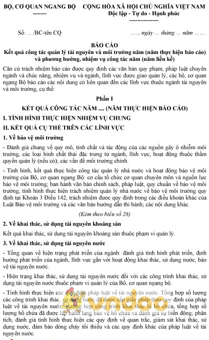 Mẫu báo cáo kết quả công tác quản lý tài nguyên và môi trường năm