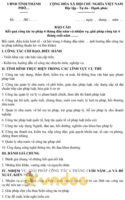 Mẫu báo cáo kết quả công tác tư pháp 6 tháng đầu năm của UBND tỉnh, thành phố