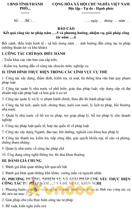 Mẫu báo cáo kết quả công tác tư pháp năm của UBND tỉnh, thành phố