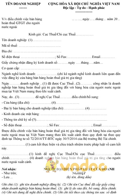 Mẫu đề nghị điều chỉnh việc bán hàng hoàn thuế GTGT cho người nước ngoài