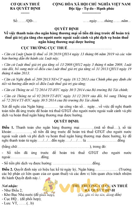 Mẫu quyết định thanh toán cho ngân hàng thương mại số tiền đã ứng để hoàn thuế GTGT