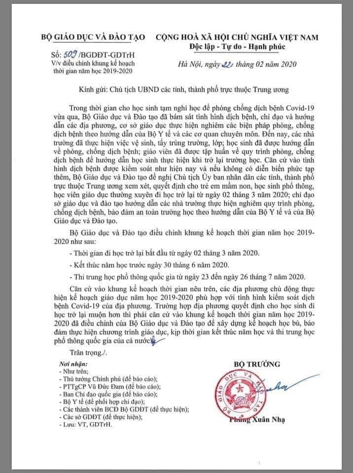 Lịch đi học lại sau nghỉ Covid19