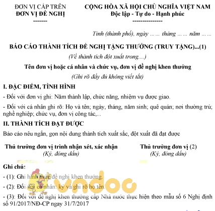 Mẫu báo cáo thành tích đề nghị khen thưởng đột xuất