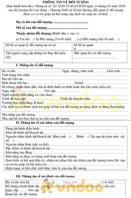 Mẫu thông tin về đối tượng được cơ sở trợ giúp xã hội cung cấp dịch vụ công tác xã hội