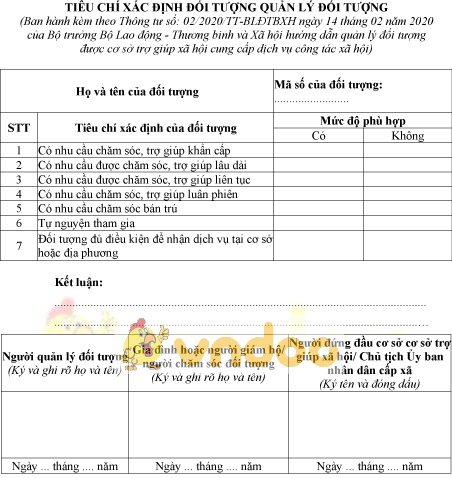 Mẫu tiêu chí xác định đối tượng quản lý đối tượng