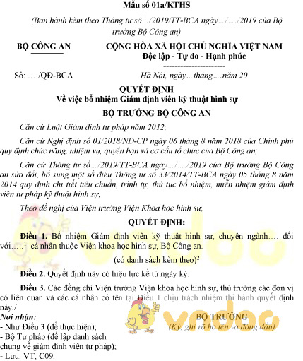 Mẫu số 01a/KTHS: Quyết định bổ nhiệm giám định viên kỹ thuật hình sự