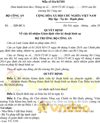 Mẫu số 02a/KTHS: Quyết định bổ nhiệm giám định viên kỹ thuật hình sự