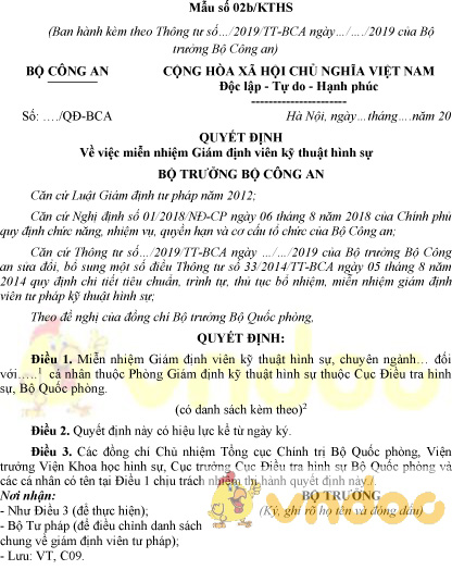 Mẫu số 02b/KTHS: Quyết định miễn nhiệm giám định viên kỹ thuật hình sự