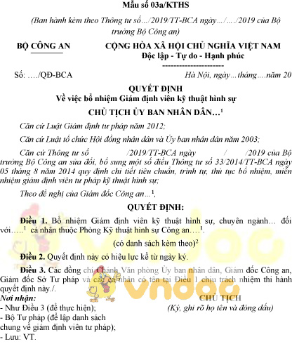 Mẫu số 03a/KTHS: Quyết định bổ nhiệm giám định viên kỹ thuật hình sự