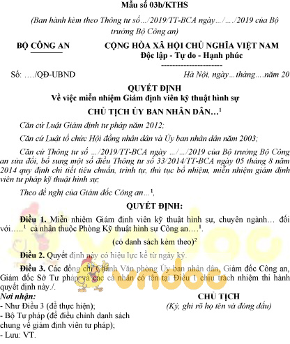 Mẫu số 03b/KTHS: Quyết định miễn nhiệm giám định viên kỹ thuật hình sự