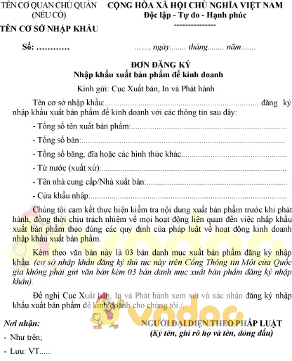 Mẫu đơn đăng ký nhập khẩu xuất bản phẩm để kinh doanh