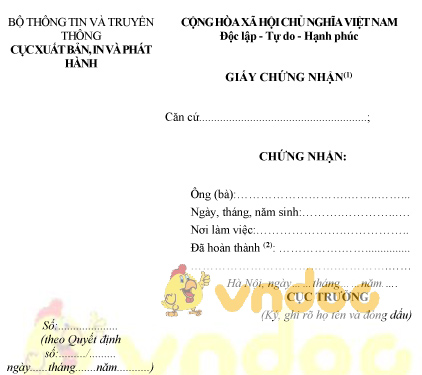 Mẫu GCN hoàn thành khóa bồi dưỡng kiến thức pháp luật, nghiệp vụ xuất bản, in