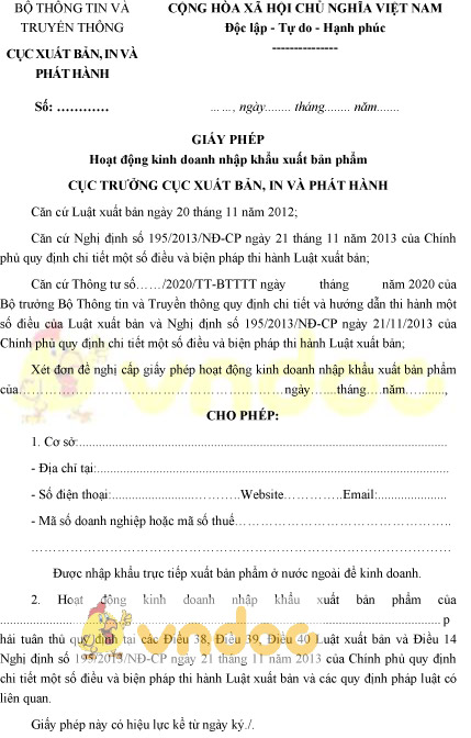Mẫu giấy phép hoạt động kinh doanh nhập khẩu xuất bản phẩm
