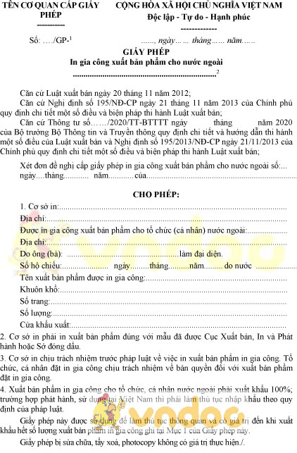 Mẫu giấy phép in gia công xuất bản phẩm cho nước ngoài