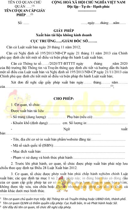 Mẫu giấy phép xuất bản tài liệu không kinh doanh
