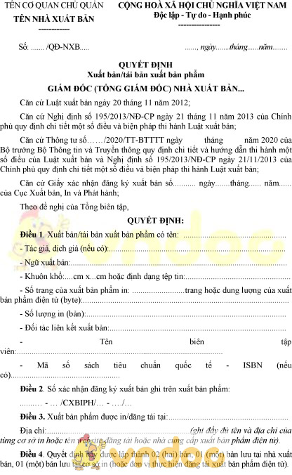 Mẫu quyết định xuất bản, tái bản xuất bản phẩm