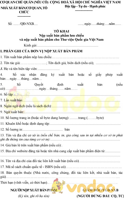 Mẫu tờ khai nộp xuất bản phẩm lưu chiểu và nộp xuất bản phẩm