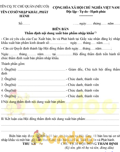Mẫu biên bản thẩm định nội dung xuất bản phẩm nhập khẩu